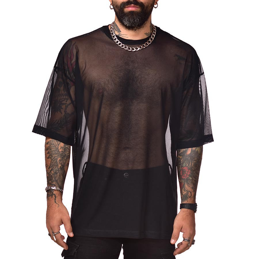 Camiseta boxy fit extragrande mesh negra