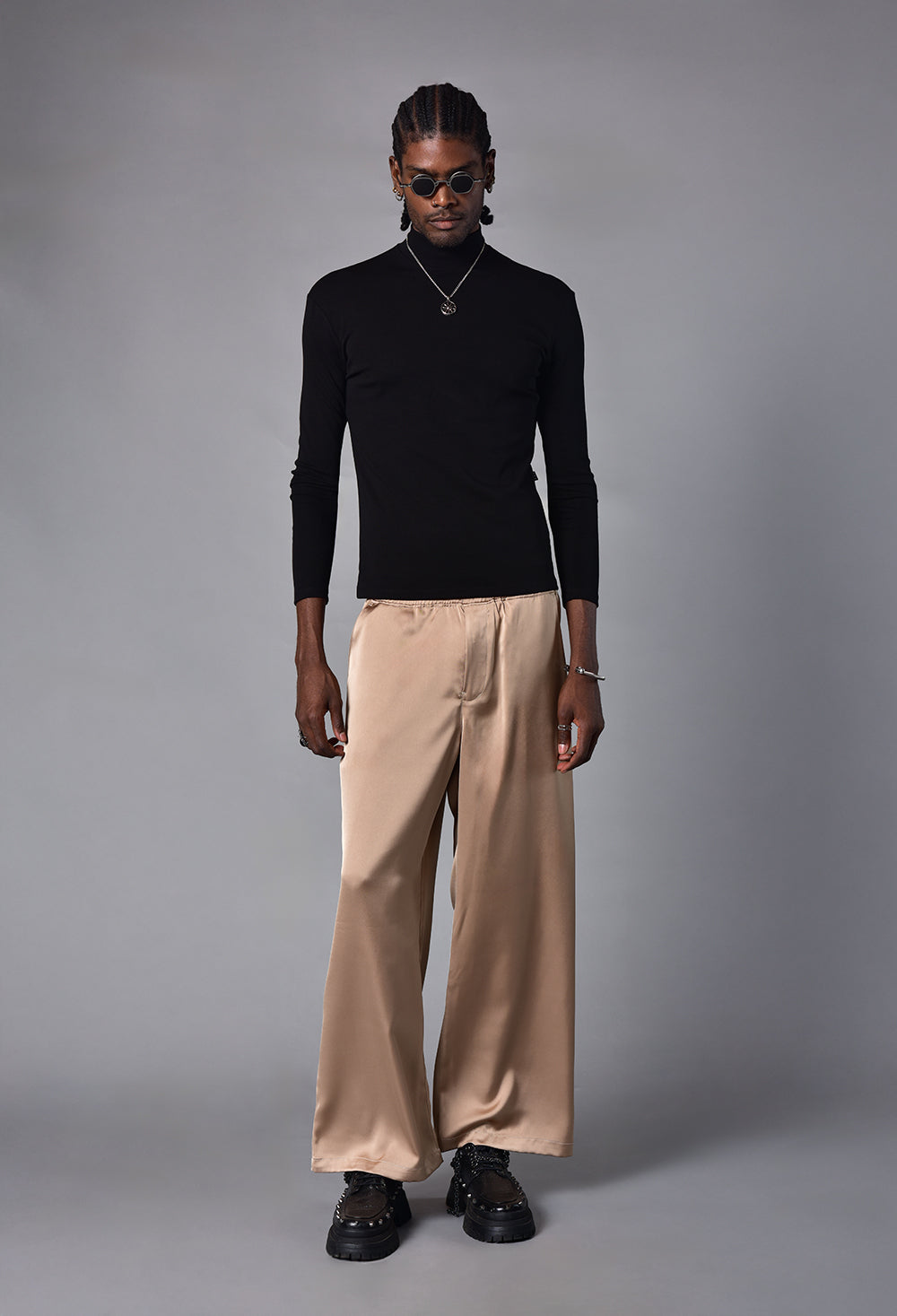 Pantalon wide leg satin beige