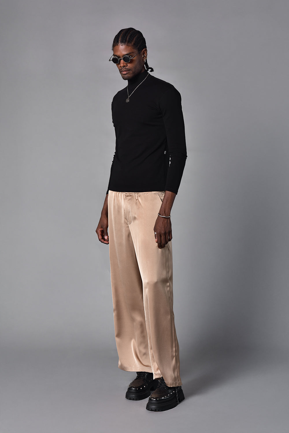 Pantalon wide leg satin beige