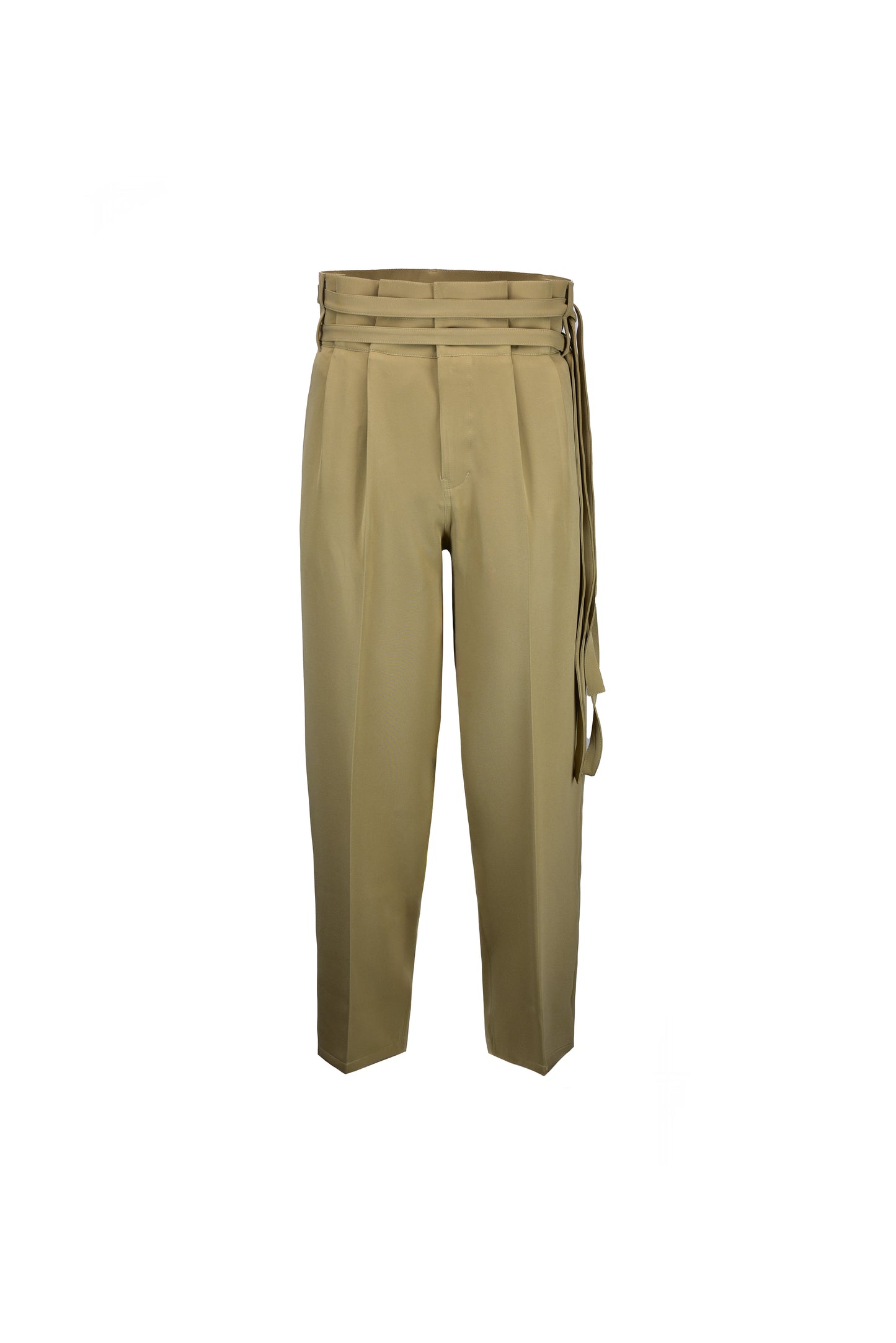 Pantalón wide leg con cinturón alto beige