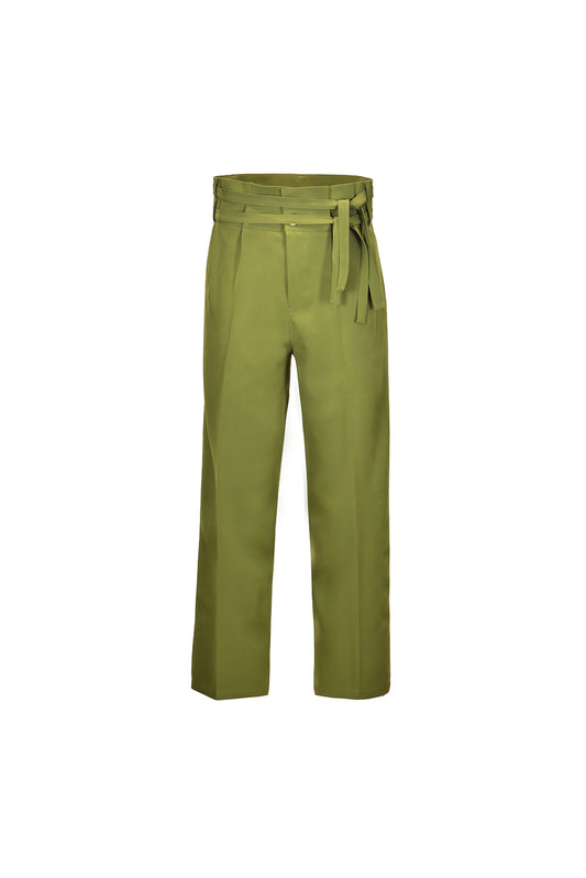 Pantalón wide leg con cinturón alto oliva